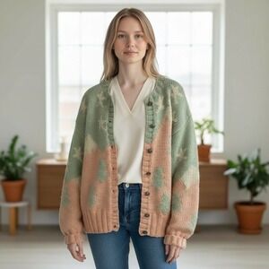 River Trader Hand Knit Cardigan Sweater Women M Pastel Tree Star Pattern Holiday